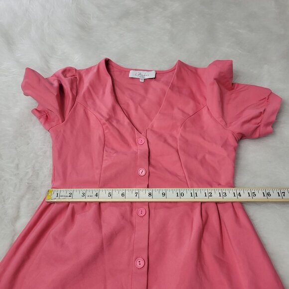 L'Academie Calypso Coral Pink Short Sleeve Violet Button Down Mini Dress Small - Picture 9 of 15